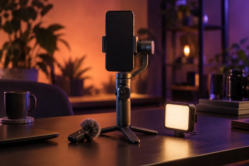 Concepto visual de producción móvil con estabilizador, micrófono y luz, creado con IA